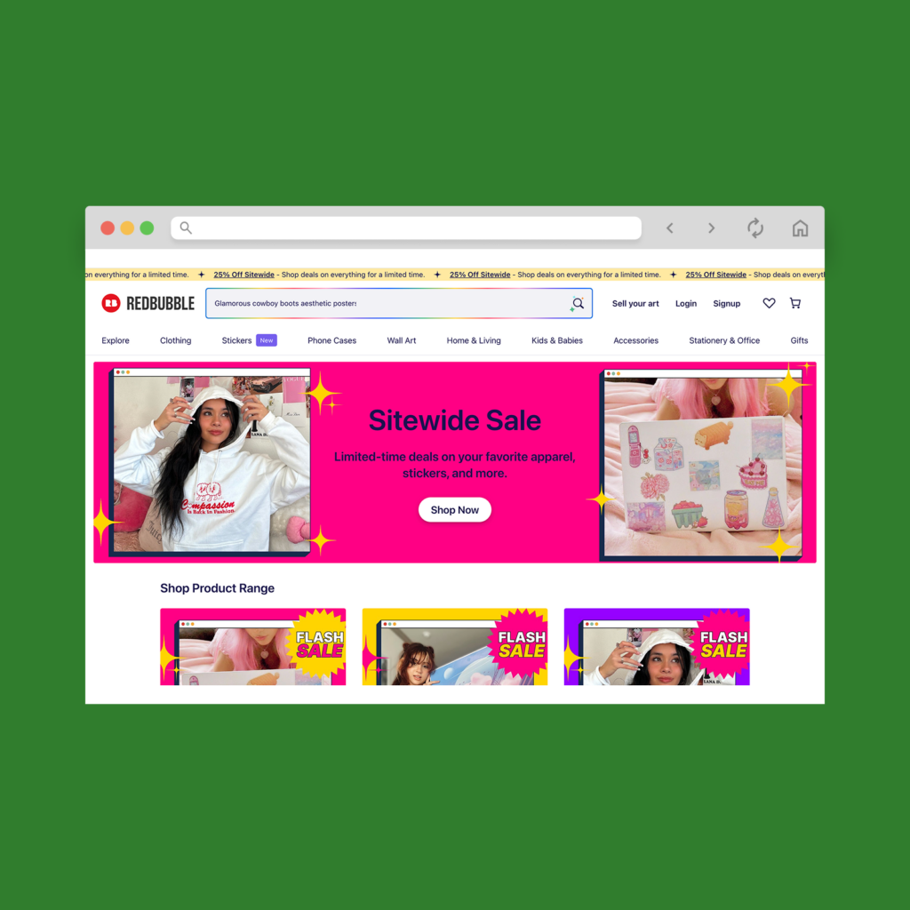 Redbubble homepage hero section screenshot mockup.