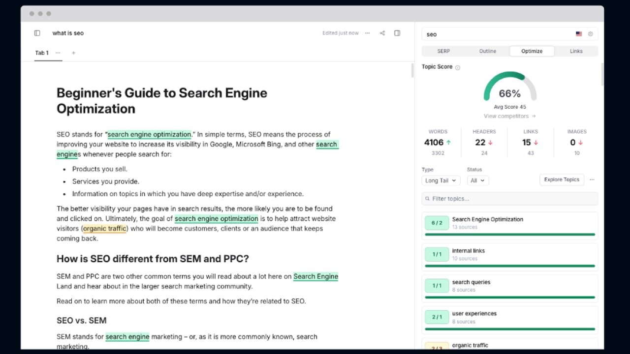Frase homepage showing an example of its AI content optimization tool.
