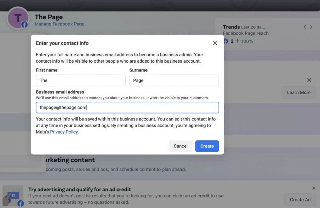 Facebook Business Account - Business account - contact info