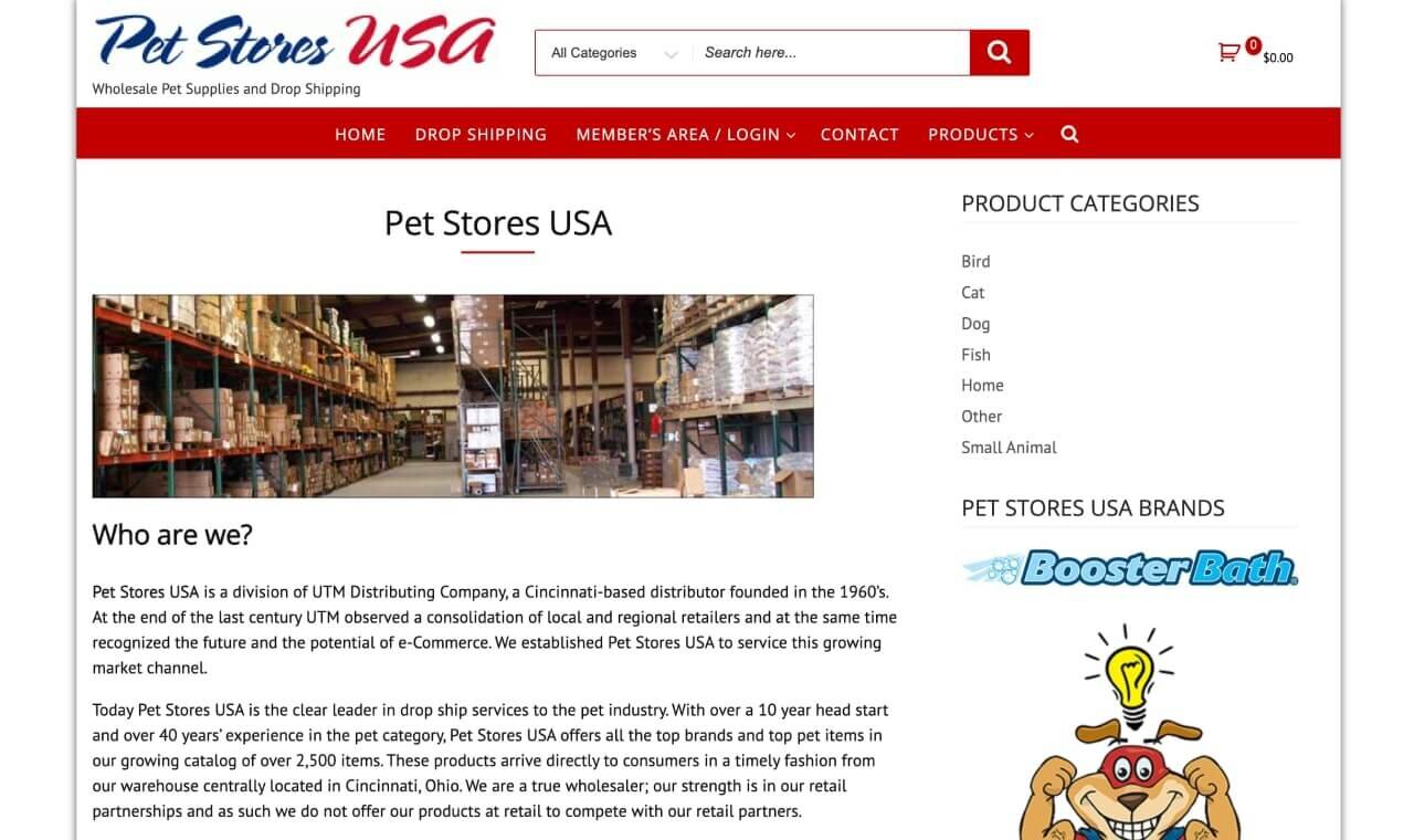 Pet Stores USA homepage hero section screenshot.