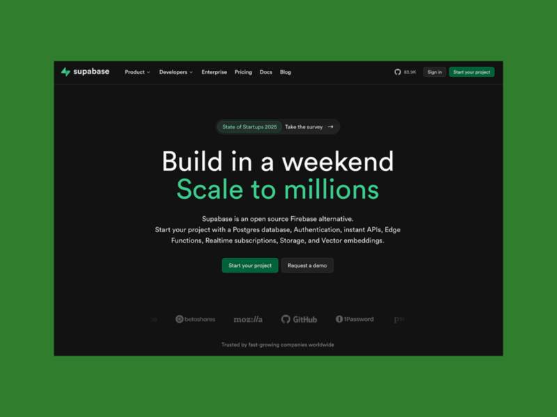 Supabase’s homepage hero section screenshot mockup as an example of a top saas company.