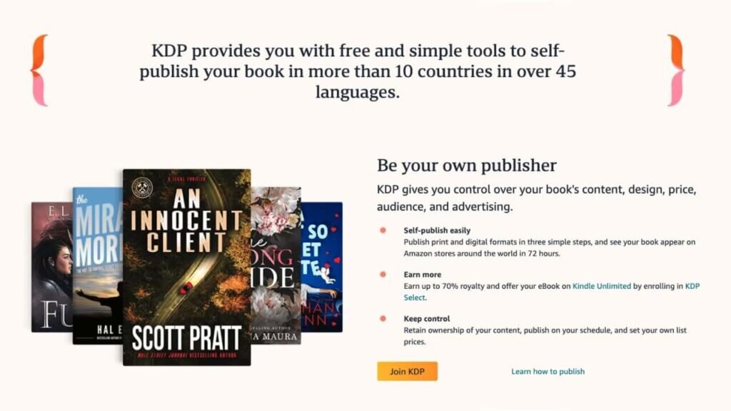 Amazon Kindle Direct publishing homepage.