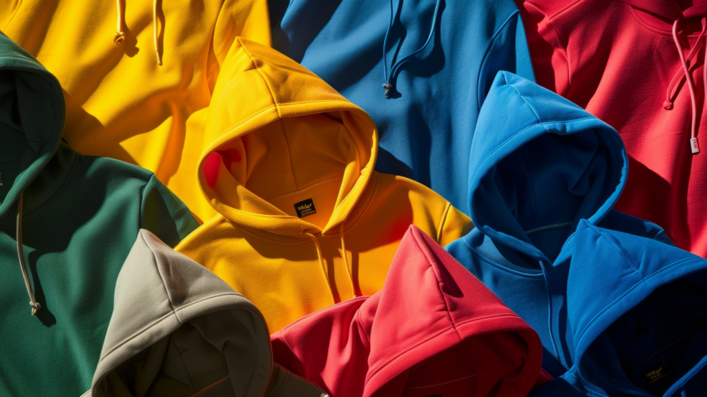A stack of Gildan hoodies in different colors.