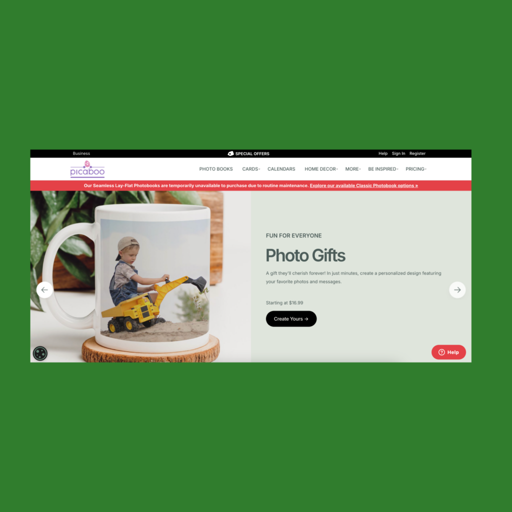 The screenshot of the Pickaboo landing page.