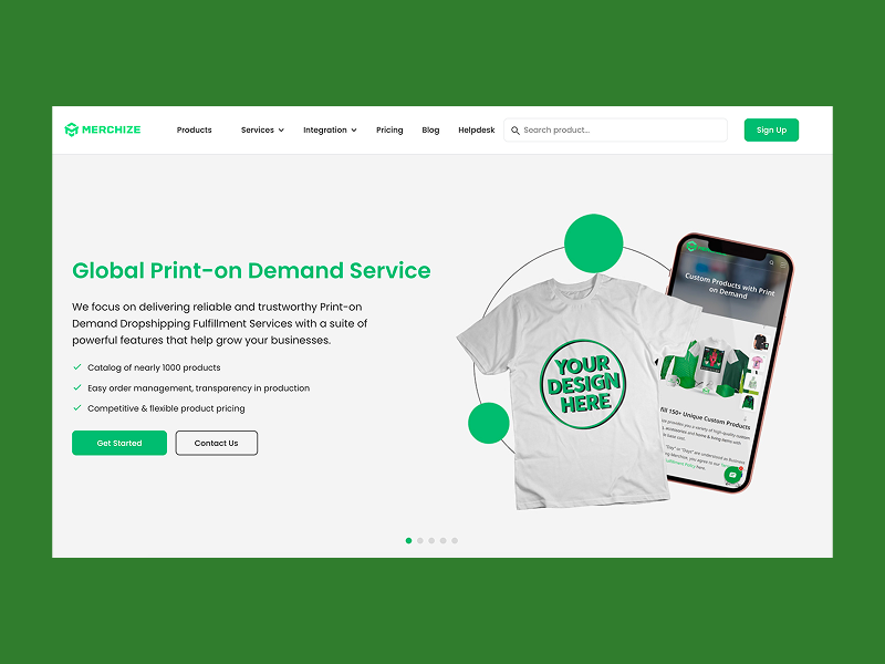 Merchize homepage featuring a "Your Design Here" T-shirt mockup.