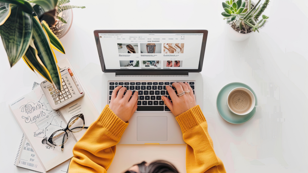 A woman sitting in front of a laptop and working on a website.