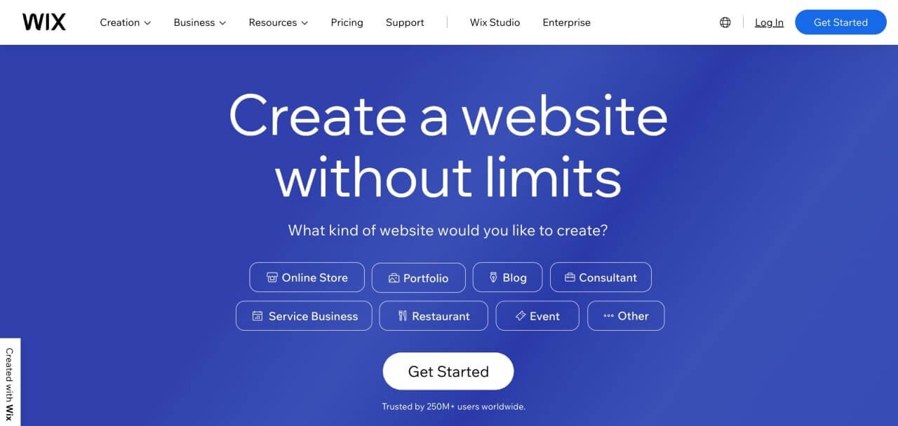 A hero section screenshot of the Wix homepage.