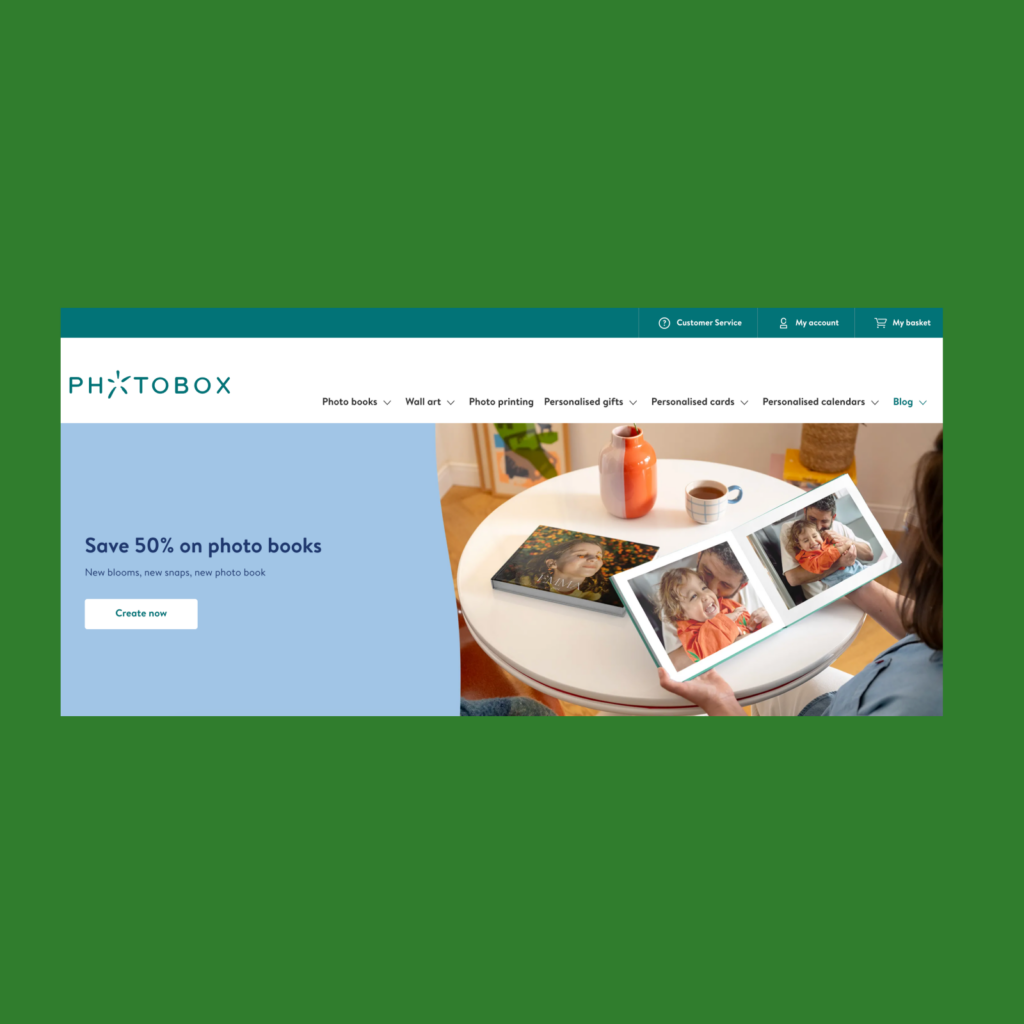 The screenshot of the Photobox landing page.