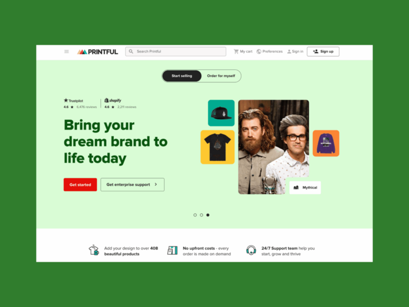 A screenshot of the Printful landing page.