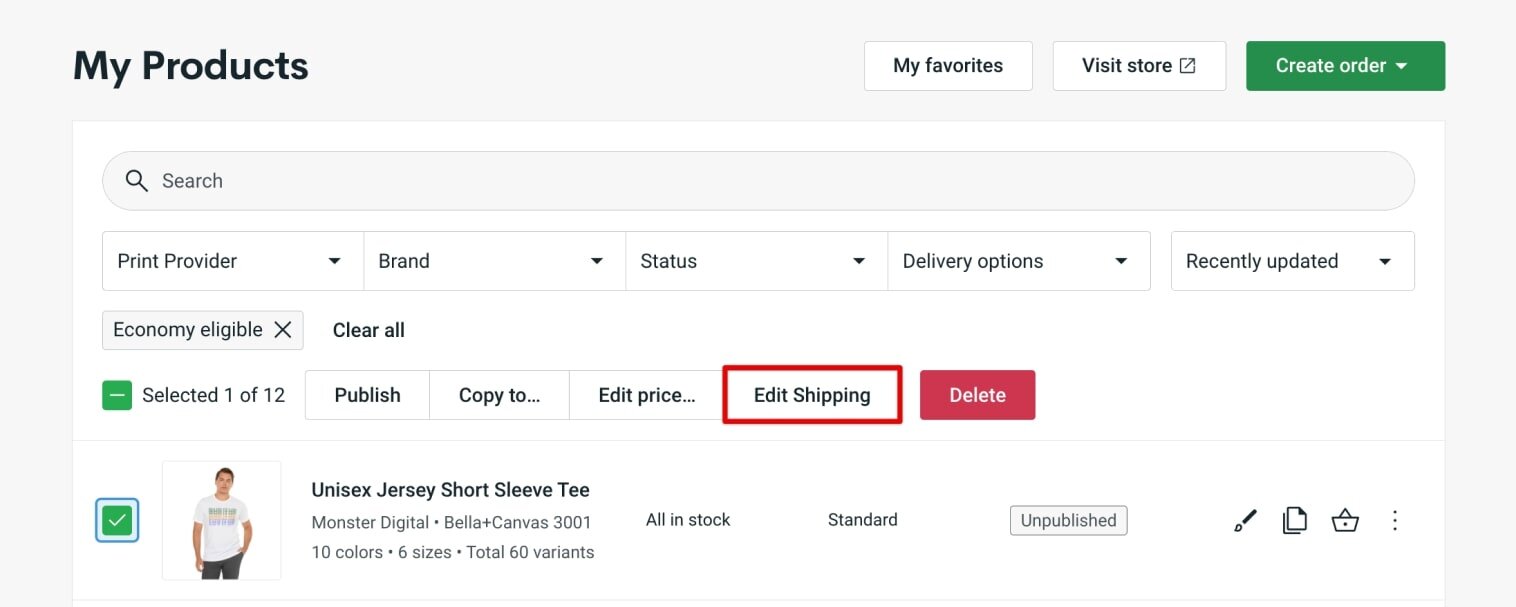 “My Products” page with the “Edit shipping” button highlighted above the product list.