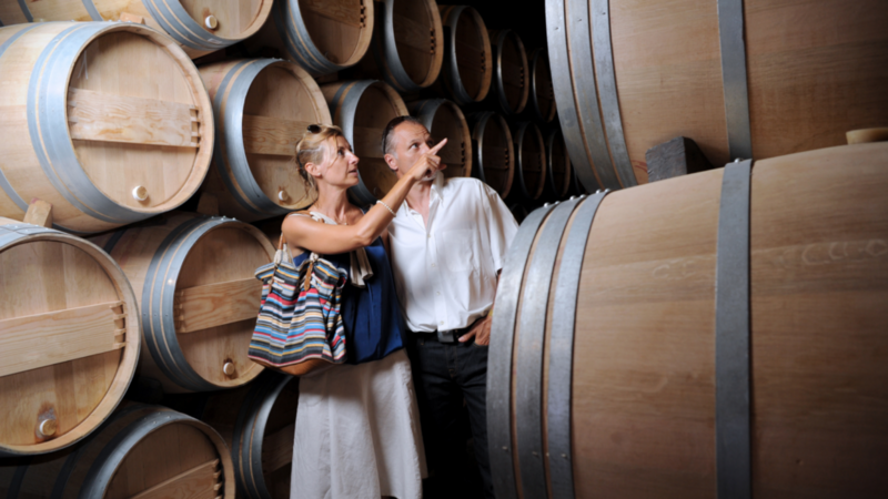 A husband and wife stand in a dimly lit wine cellar, surrounded by large wooden barrels, with the woman pointing.