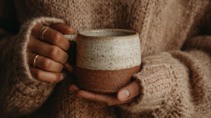 Hands with gold rings cradle a speckled stoneware coffee mug against a soft beige knit sweater.
