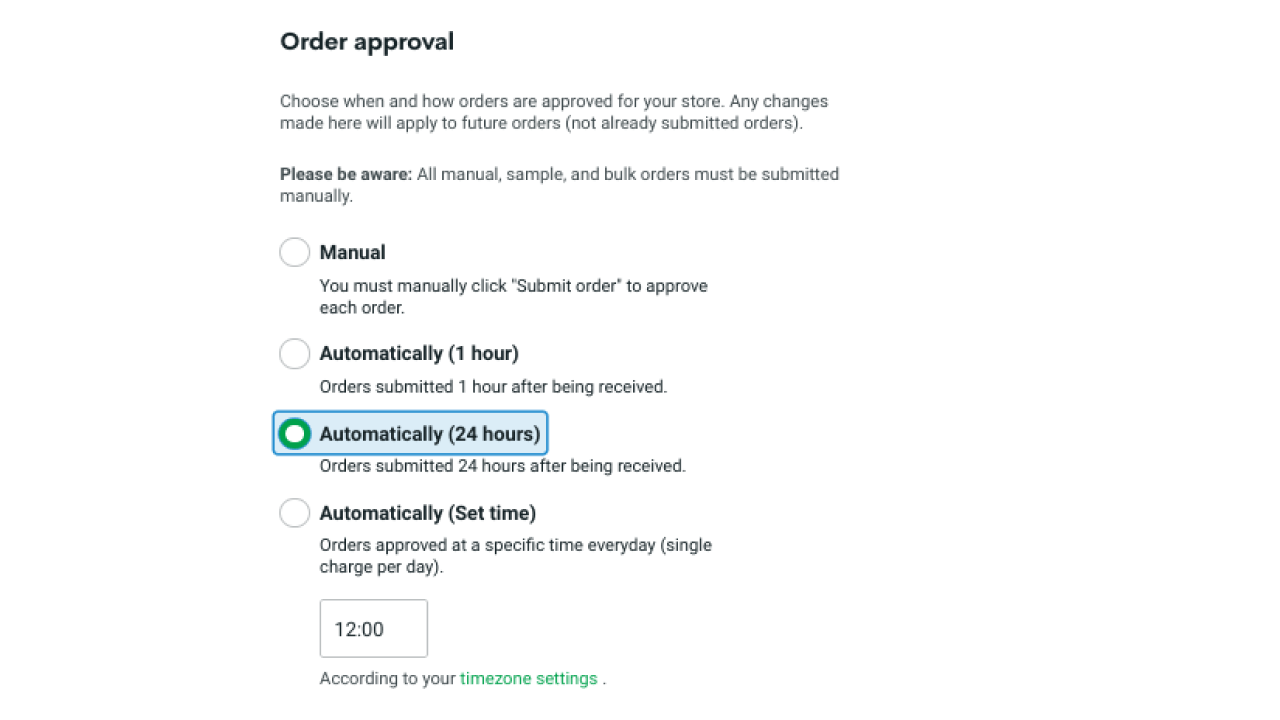 Printify's store Order Approval settings page showing various options for manual or automatic order approval.