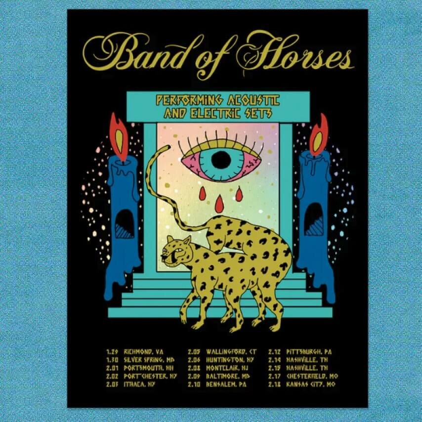Band of Horses poster showcasing their tour dates and cities.