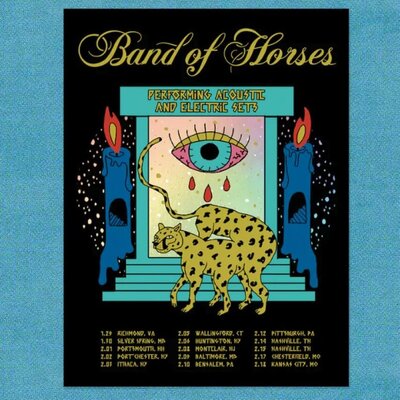 Band of Horses poster showcasing their tour dates and cities.