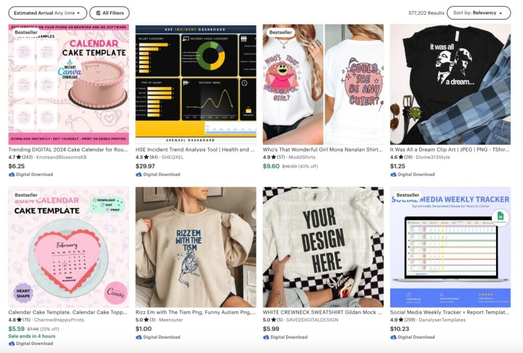 A screenshot of the Etsy Marketplace that highlights trending products from templates to sweatshirts.