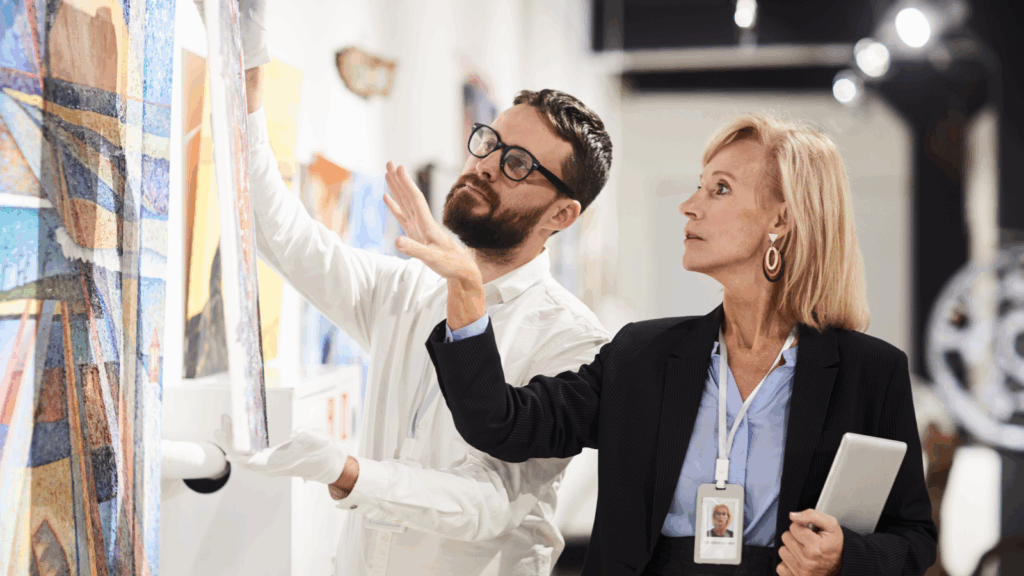 A man and a woman reviewing and hanging different art pieces.