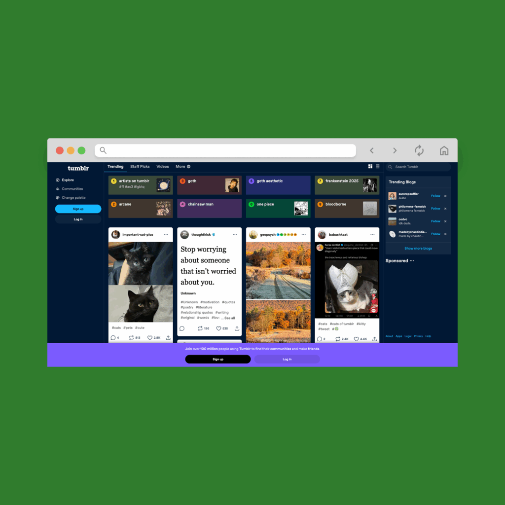 Tumblr homepage hero section screenshot mockup.