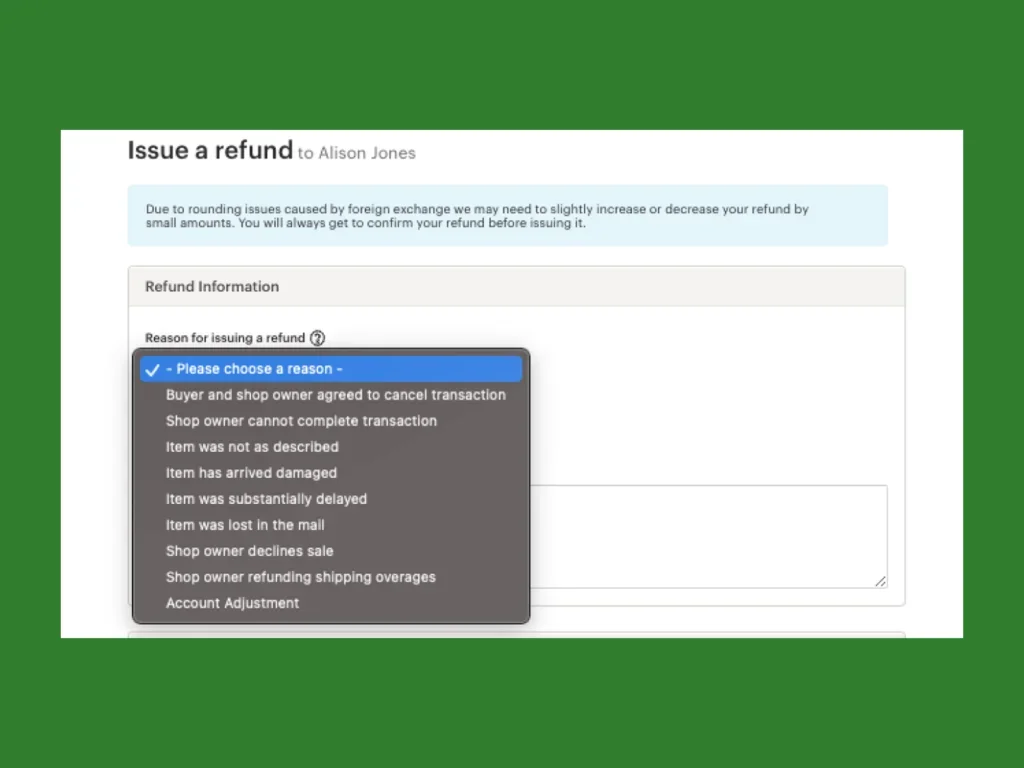 A screenshot mockup highlighting Etsy’s refund request form and reasons for refund tab as a seller.