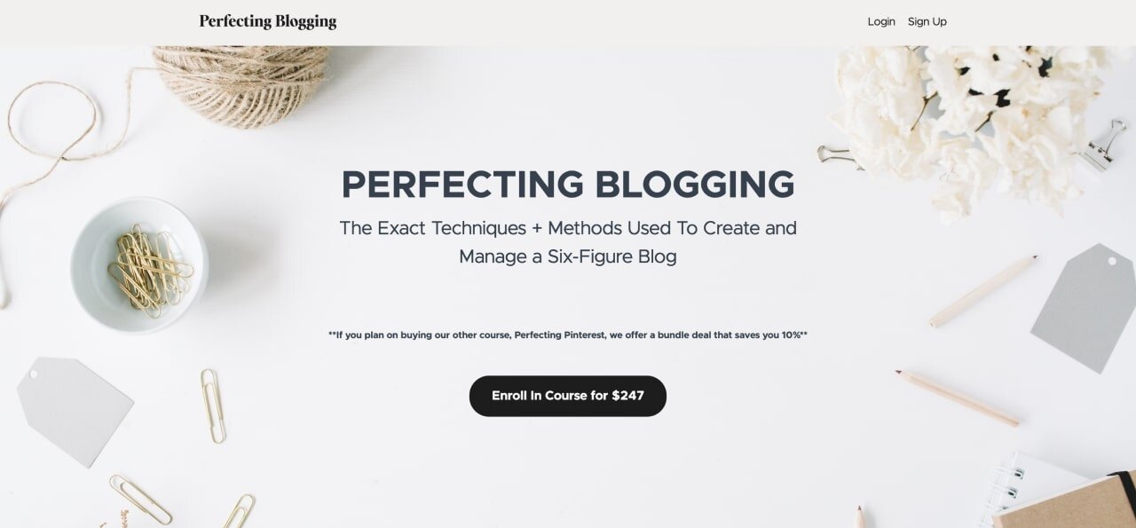 Sophia Lee's “Perfecting Blogging” paid course page hero section screenshot.