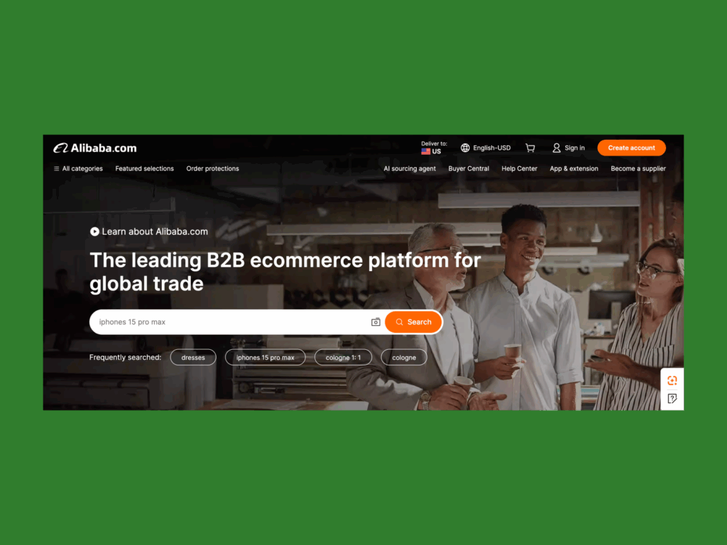 A screenshot of the Alibaba landing page.