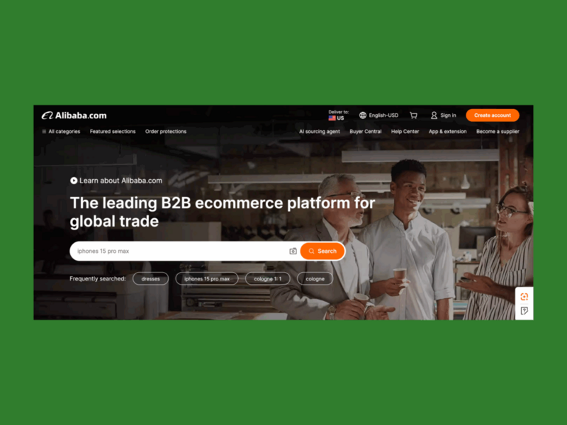 A screenshot of the Alibaba landing page.