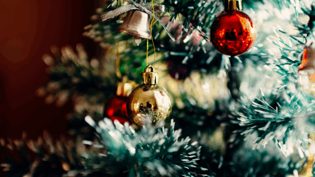 Christmas ornaments on a Christmas tree.