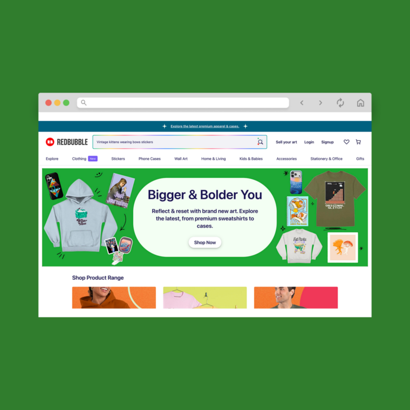 Redbubble homepage hero section screenshot mockup.
