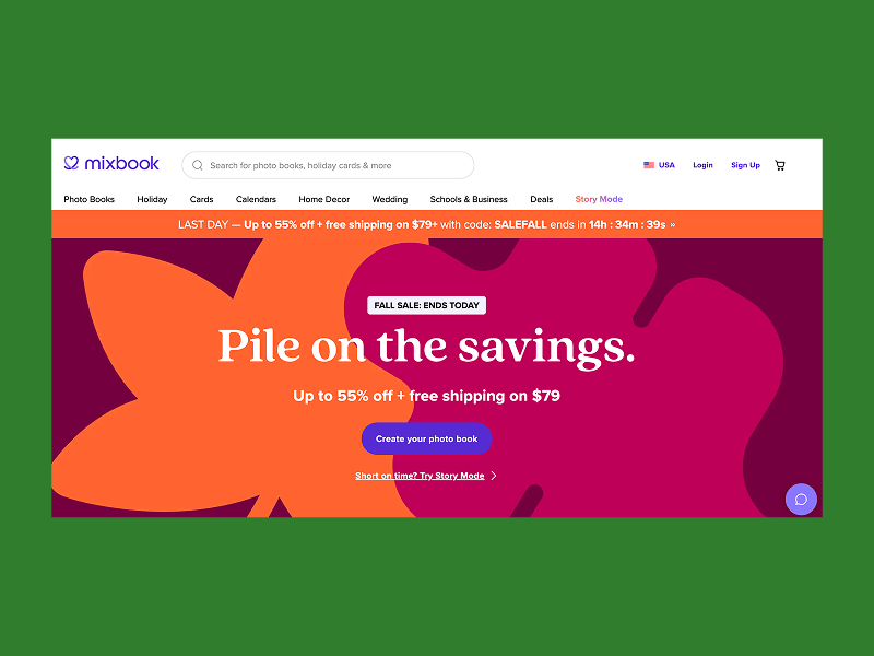 Mixbook homepage advertising a fall sale on photo books.