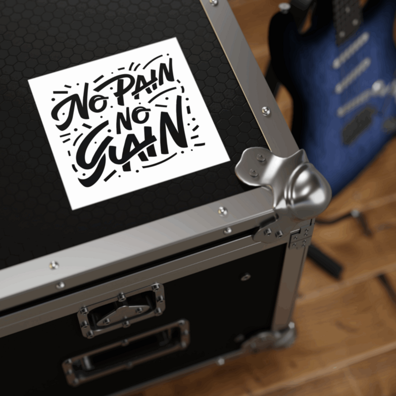 A motivational sticker featuring the phrase No Pain No Gain in bold, colorful letters on a textured background