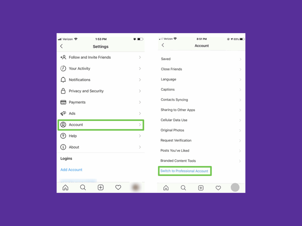 A screenshot showing how to switch a personal Instagram account to a Professional Account.