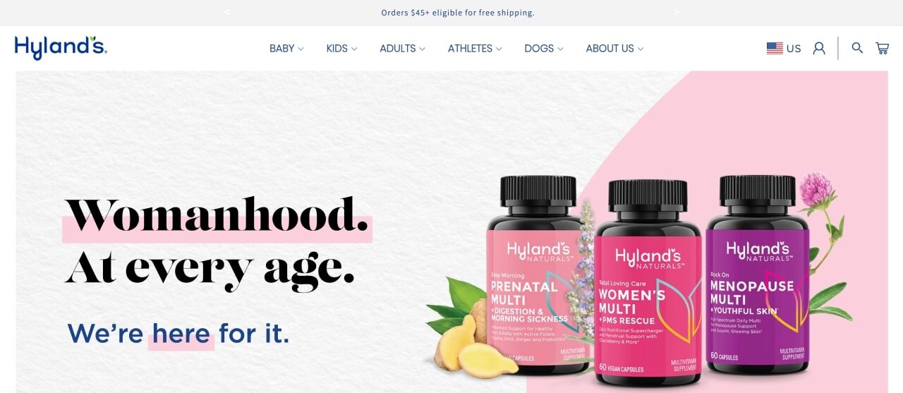 The homepage of the Hyland's Shopify store