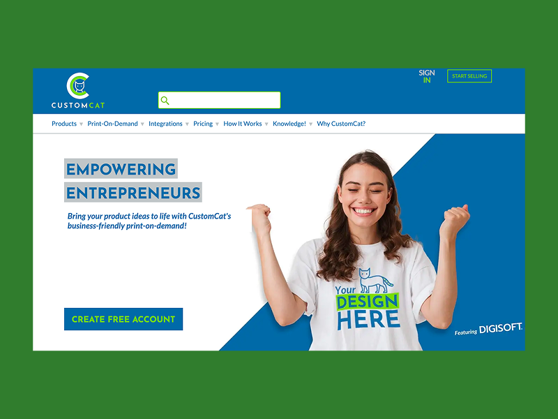 CustomCat homepage with a woman in a "Your Design Here" T-shirt.