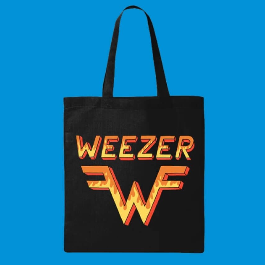A back tote bag with the Weezer name and logo.