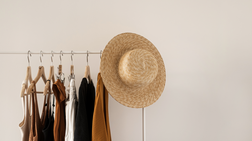 A rack filled with assorted clothes and a hat placed on it.