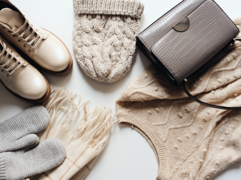 Trendy winter clothing and accessories arranged neatly on a white background, highlighting popular Etsy items.