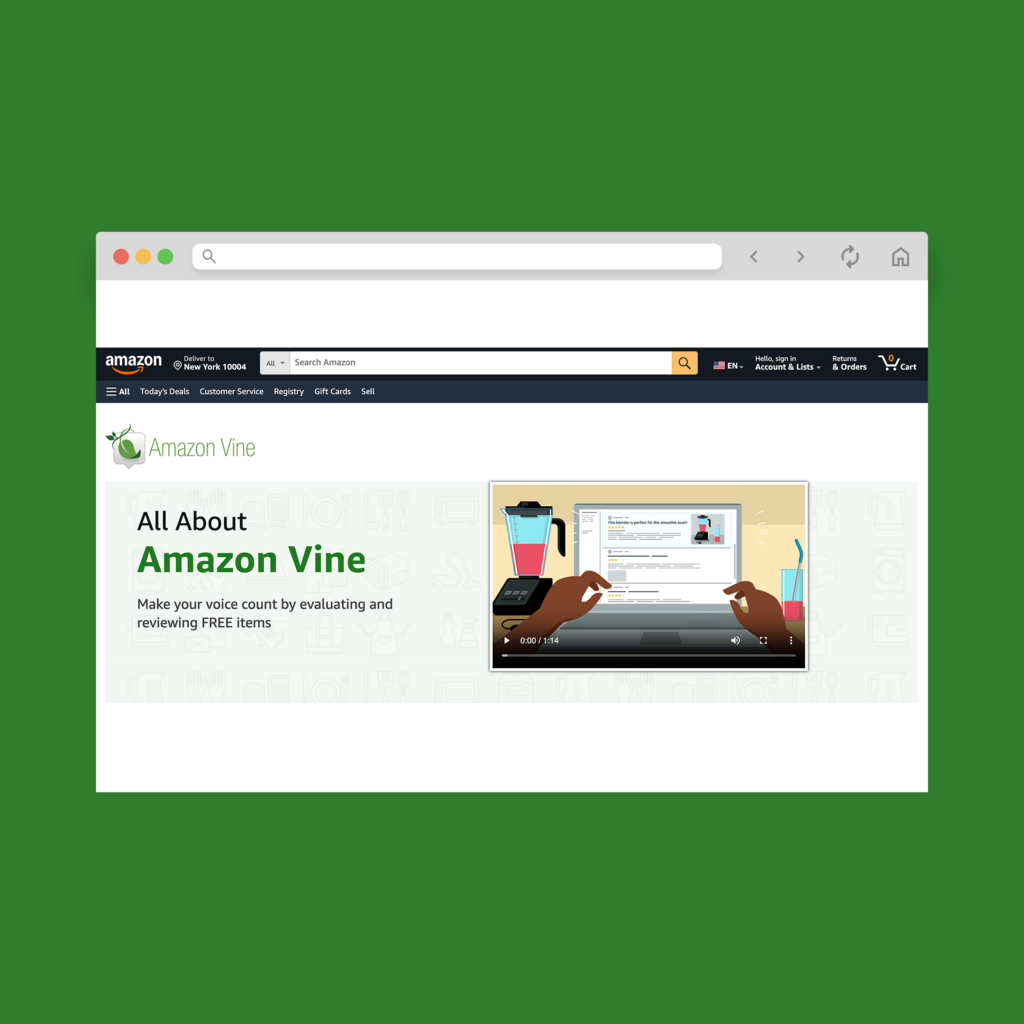 A screenshot mockup of Amazon’s Vine program homepage hero section.