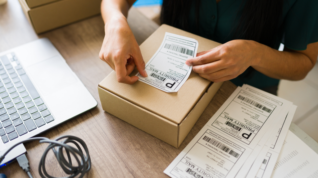 A woman is engaged with her laptop, printing shipping labels in a tidy office environment.