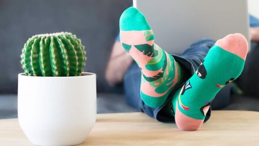 A person researching how to start a sock business while wearing colorful custom socks.