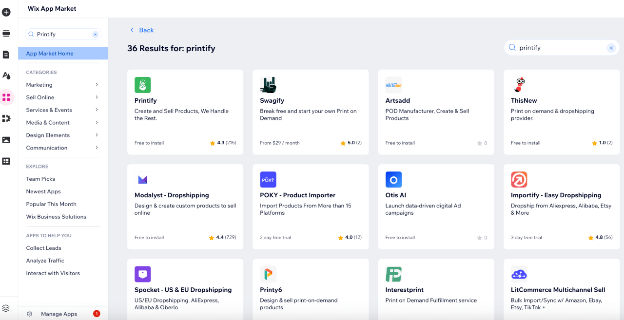 A screenshot of the Wix App Market page with the Printify app in their search results.