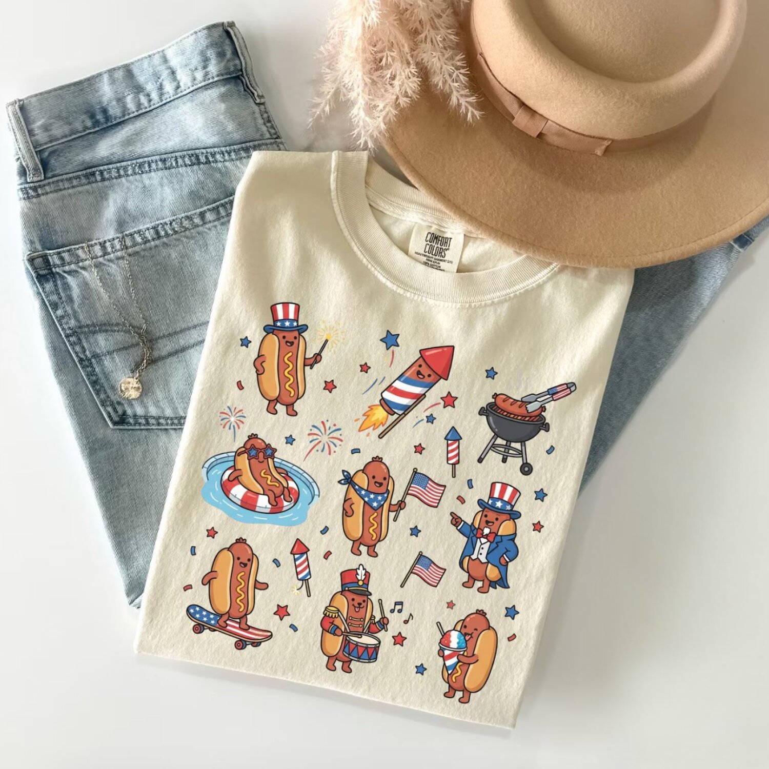 A woman wearing a white retro 4th of July t-shirt 