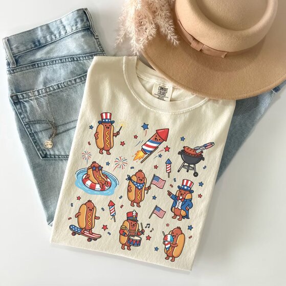 A woman wearing a white retro 4th of July t-shirt 