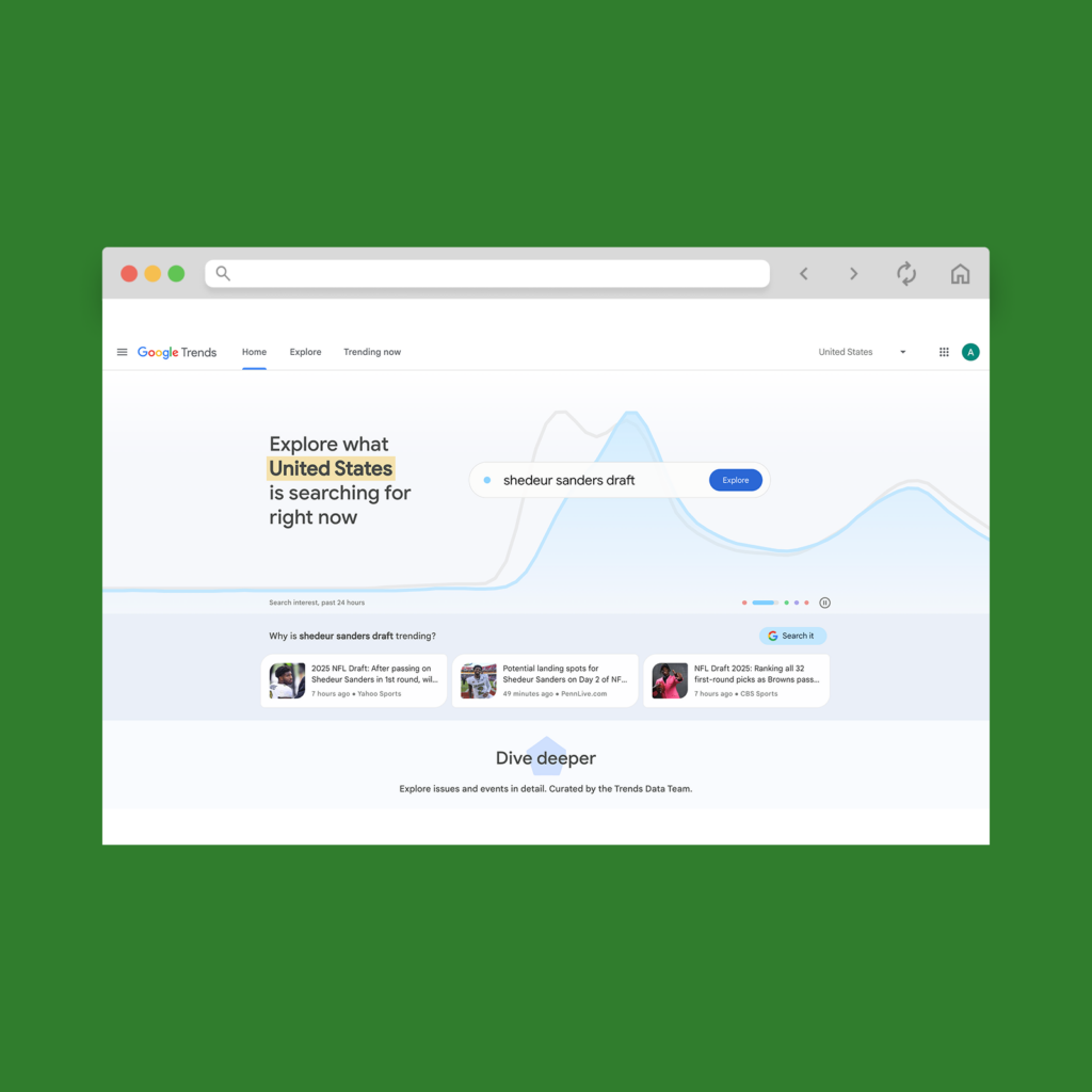 A screenshot mockup of the Google Trends homepage.