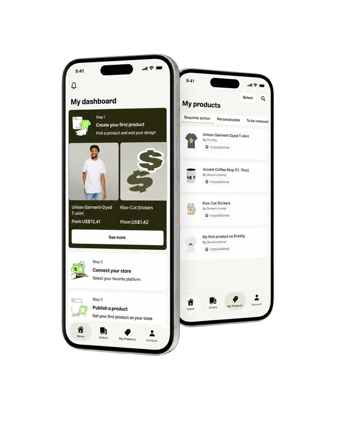 Printify print on demand mobile app shown on a smartphone, displaying the product dashboard for selling custom products