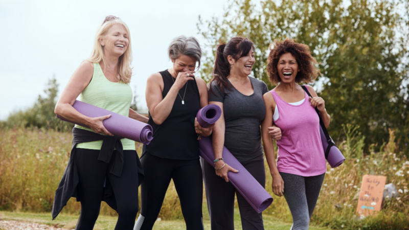 Four women happily walk outdoors with yoga mats, laughing and enjoying each other's company.