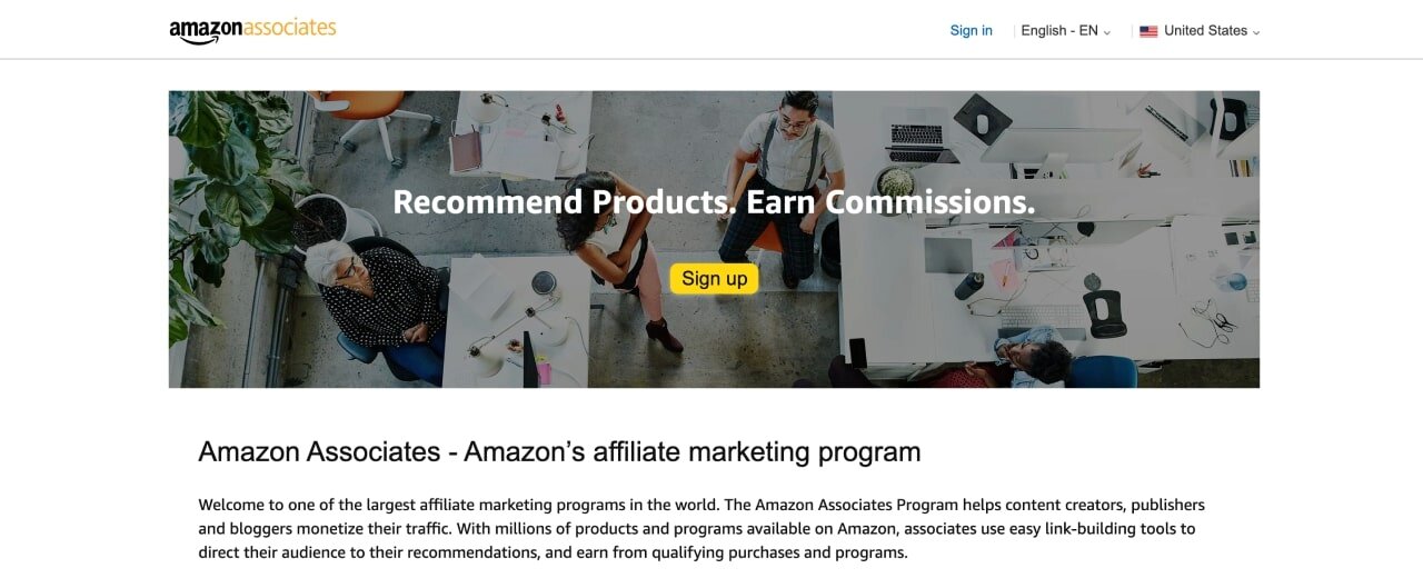 Hero section screenshot of the Amazon Associates page.