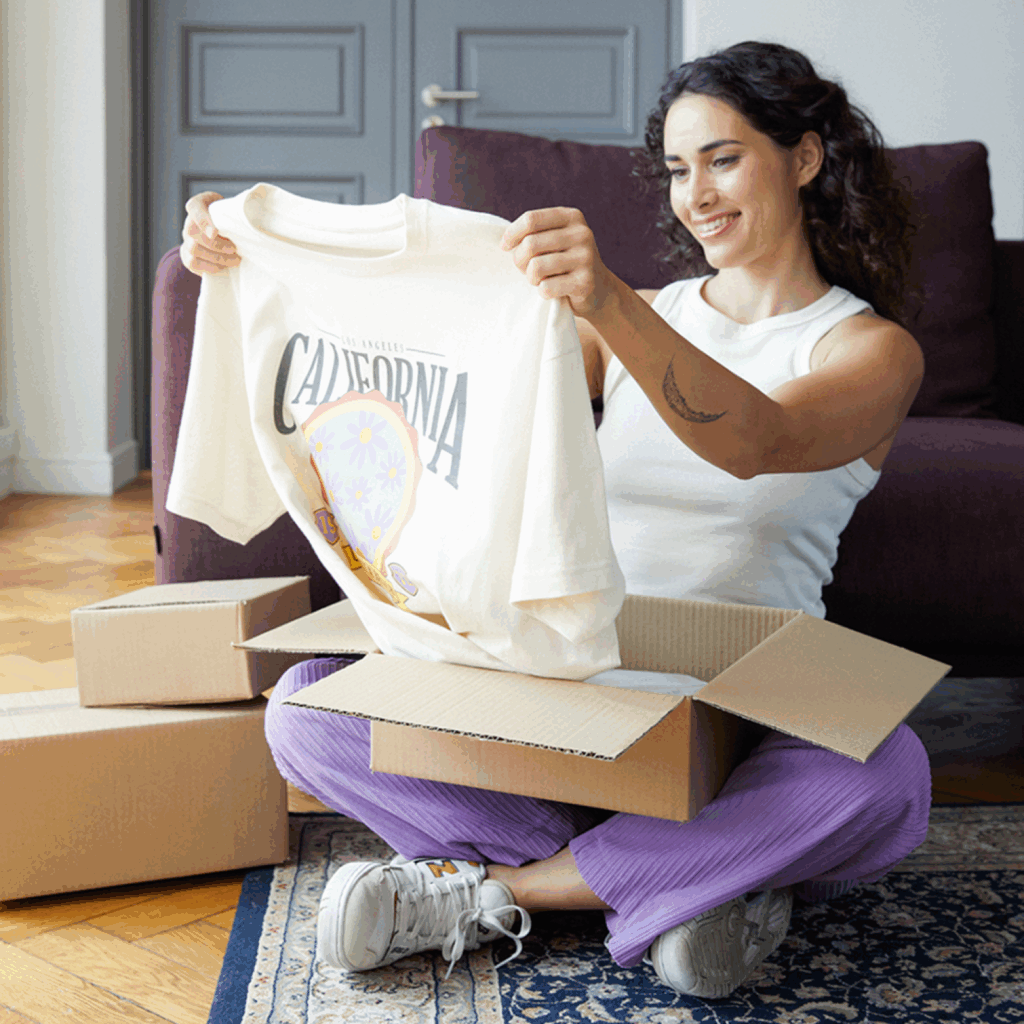 A woman unpacking a t-shirt.