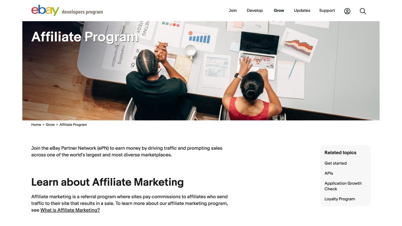 eBay Affiliate Marketing Program page hero section screenshot.