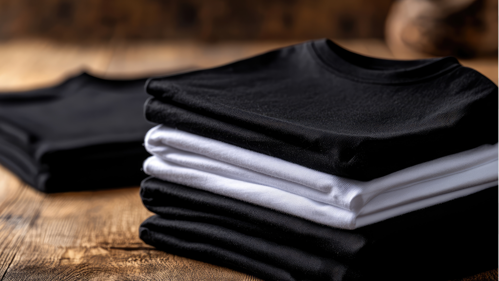 A neatly arranged stack of black and white t-shirts resting on a rustic wooden table.
