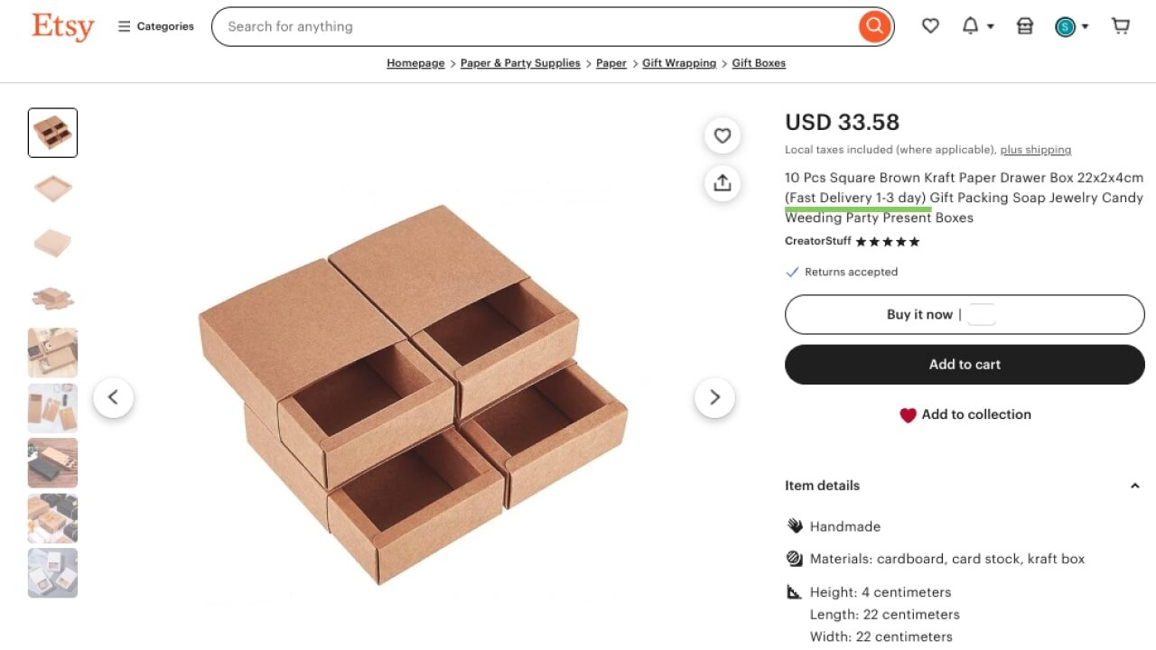 Etsy listing of a crafting box with the mention of fast 1-3 day delivery in its product description.